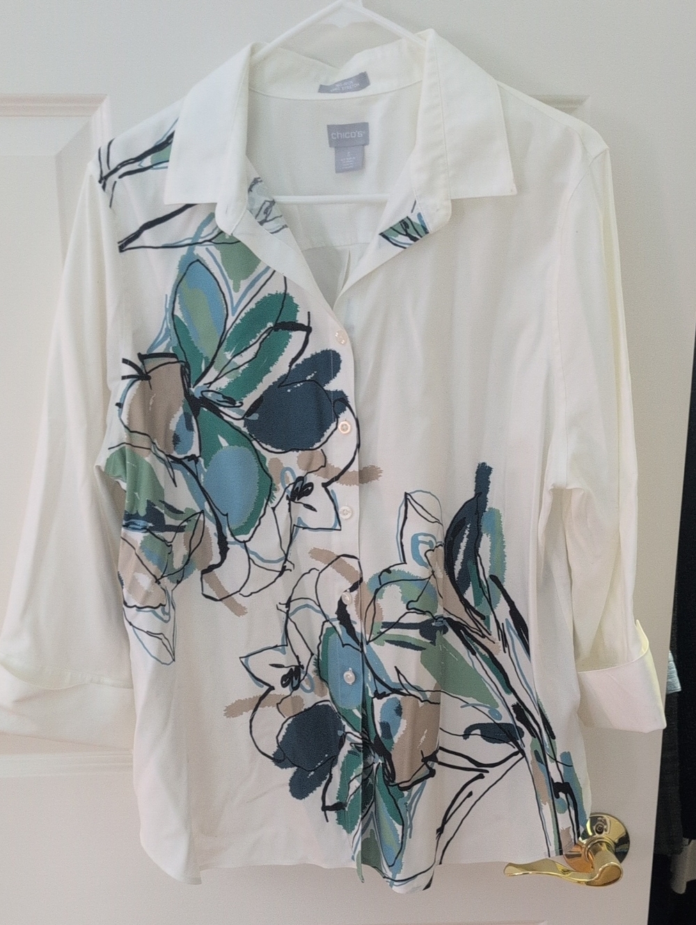 Chico's White Floral-Print Button Down Shirt with Teal & Tan Accents -Never Worn